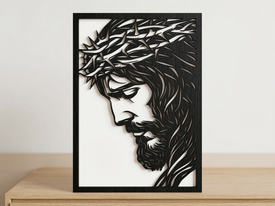 Arte Decorativo de Pared Religioso para Corte Láser – Jesucristo #2 | Flow-Line Art con Marco Negro | Archivos SVG AI DXF DWG PNG JPG