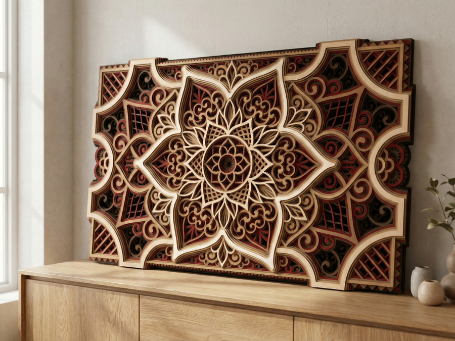 Mandala multicapa cortado con láser #30 Arte de pared – Diseño de mandala de 8 capas | Decoración de pared 3D | Archivos AI SVG DXF DWG