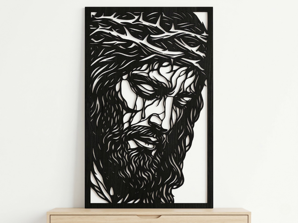 Arte Decorativo de Pared Religioso para Corte Láser – Jesucristo | Flow-Line Art con Marco Negro | Archivos SVG AI DXF DWG PNG JPG