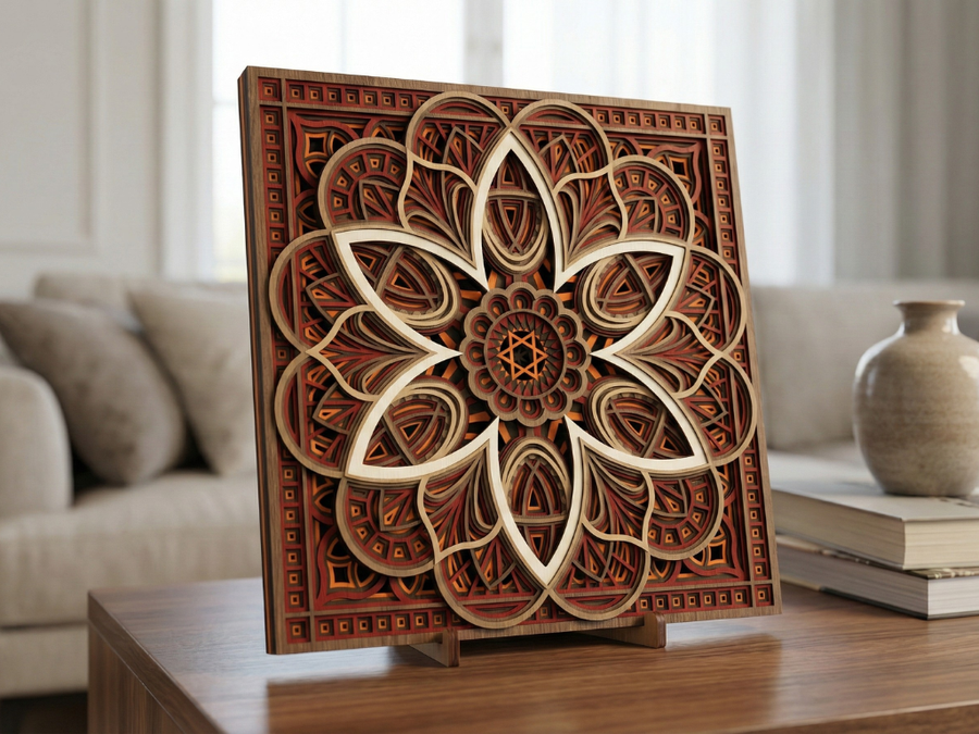 Mandala Multicapa Cortado con Láser #40 para pared – Diseño de Mandala de 9 Capas | Decoración de pared 3D | Decoración de Mesa 3D | Archivos AI SVG DXF DWG AI