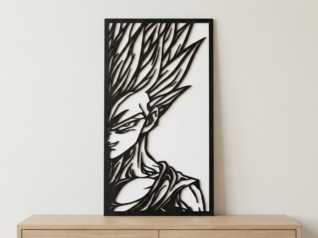 Arte Decorativo de Pared Anime para Corte Láser – Gohan SSJ2 | Flow-Line Art con Marco Negro | Archivos SVG AI DXF DWG