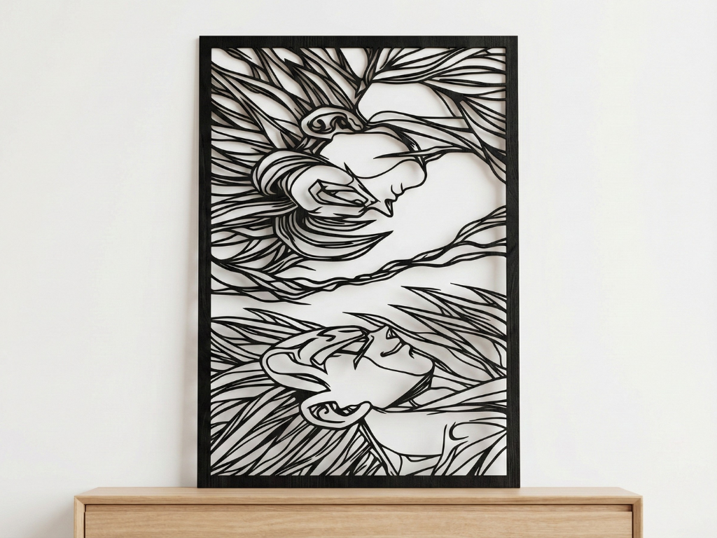 Arte Decorativo de Pared Anime para Corte Láser – Goku vs Majin Vegeta | Flow-Line Art con Marco Negro | Archivos SVG AI DXF dwg