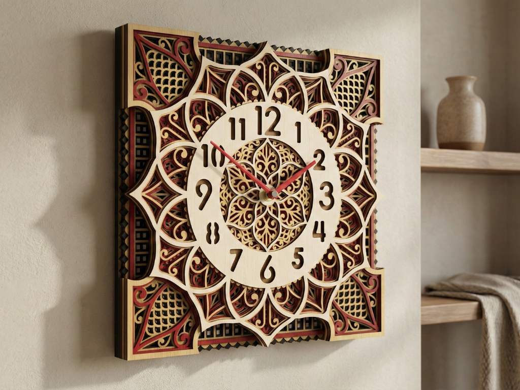 Reloj Mandala Multicapa Cortado con Láser #3 Arte de Pared – Diseño de Reloj Ornamental de 5 Capas | Decoración de Pared 3D | Archivos AI SVG DXF DWG