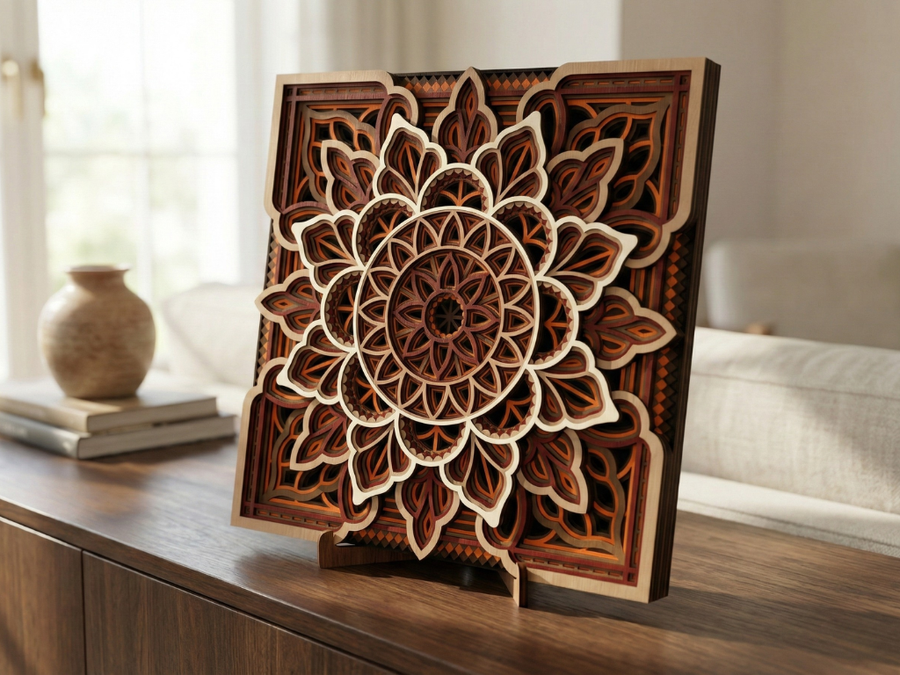 Mandala Multicapa Cortado con Láser #39 para pared – Diseño de Mandala de 8 Capas | Decoración de pared 3D | Decoración de Mesa 3D | Archivos AI SVG DXF DWG AI