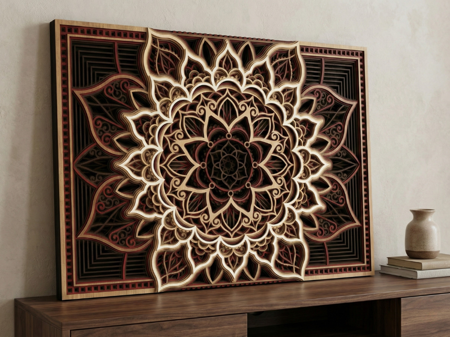 Mandala multicapa cortado con láser #33 Arte de pared – Diseño de mandala de 9 capas | Decoración de pared 3D | Archivos AI SVG DXF DWG