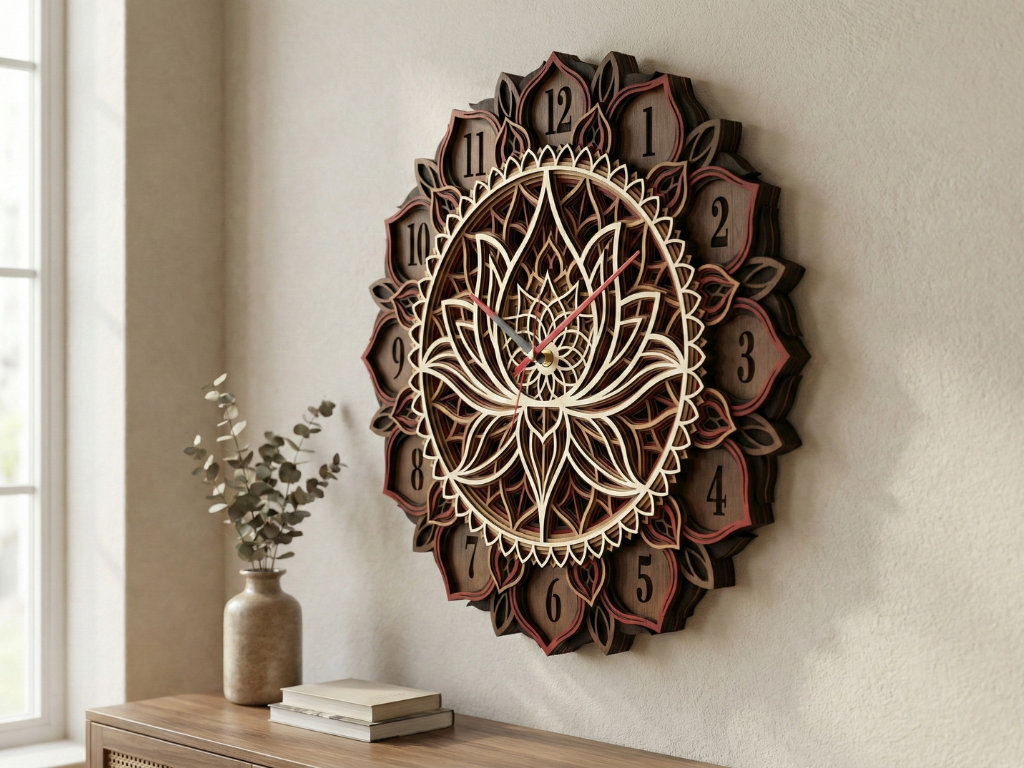 Reloj de pared Mandala Loto Multicapa Cortado con Láser #11 – Diseño de Reloj Ornamental de 6 Capas | Decoración de Pared 3D | Archivos AI SVG DXF DWG