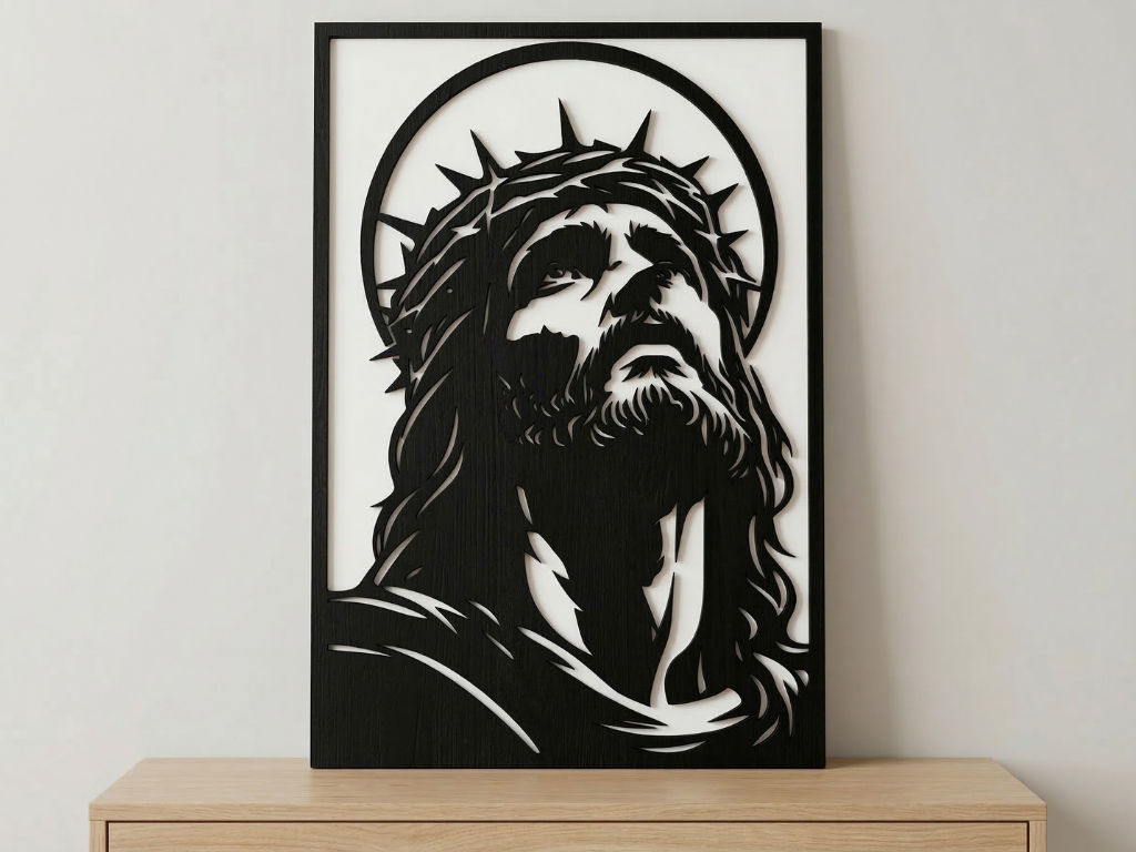 Arte Decorativo de Pared Religioso para Corte Láser – Jesucristo #3 | Flow-Line Art con Marco Negro | Archivos SVG AI DXF DWG PNG JPG