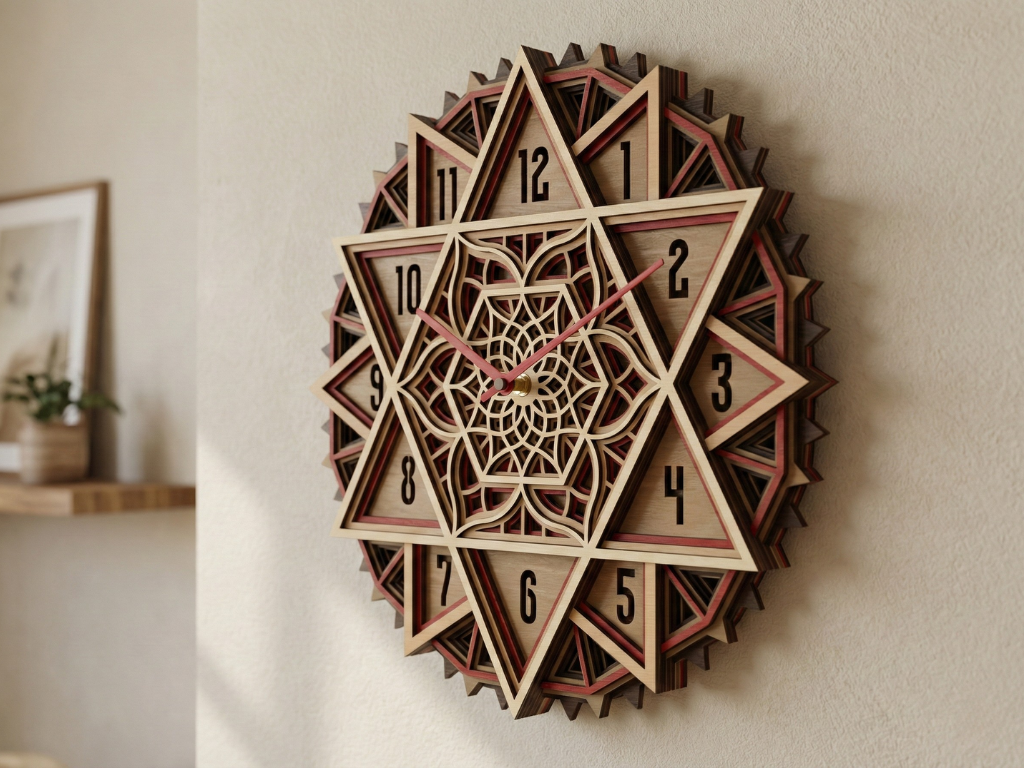 Reloj de pared Mandala Estrella Multicapa Cortado con Láser #7 – Diseño de Reloj Ornamental de 5 Capas | Decoración de Pared 3D | Archivos AI SVG DXF DWG
