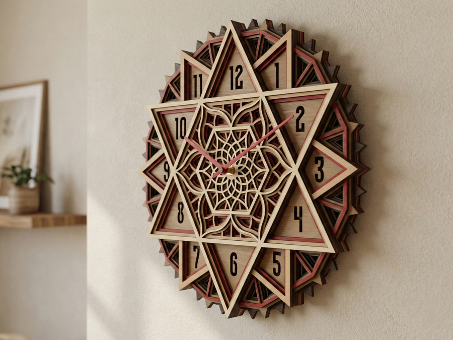 Reloj de pared Mandala Estrella Multicapa Cortado con Láser #7 – Diseño de Reloj Ornamental de 5 Capas | Decoración de Pared 3D | Archivos AI SVG DXF DWG