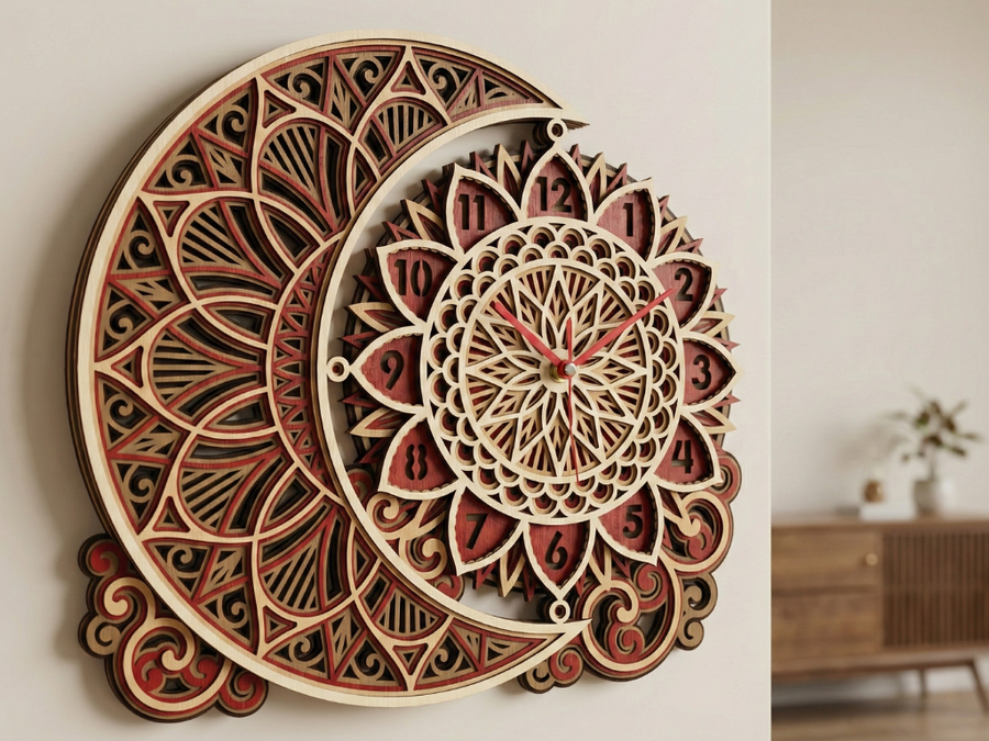 Reloj de pared Mandala Luna Sol Multicapa Cortado con Láser #5 – Diseño de reloj ornamental de 5 capas | Decoración de pared 3D | Archivos AI SVG DXF DWG