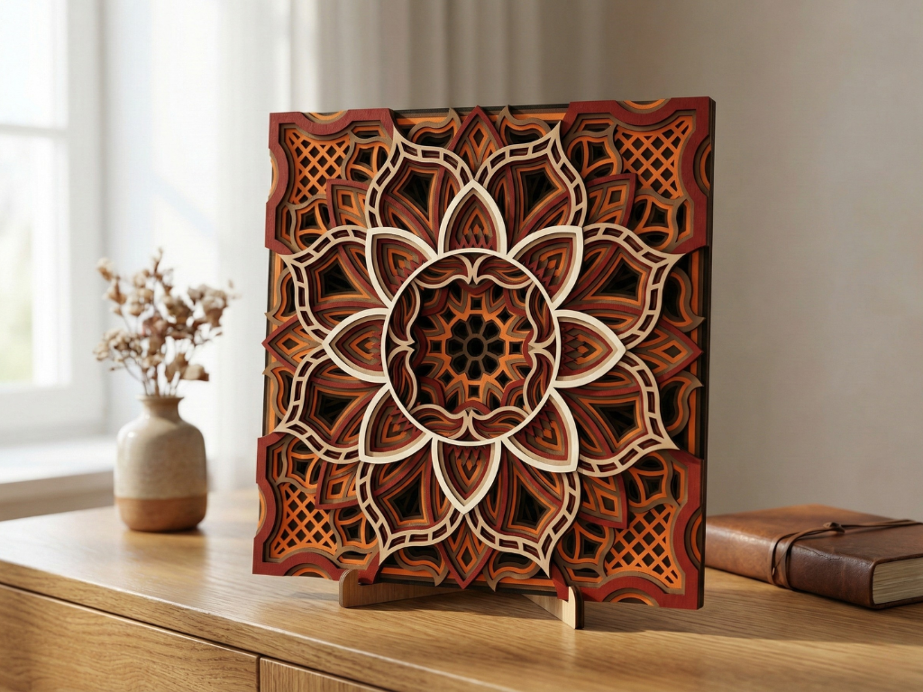 Mandala Multicapa Cortado con Láser #41 para pared – Diseño de Mandala de 8 Capas | Decoración de pared 3D | Decoración de Mesa 3D | Archivos AI SVG DXF DWG AI