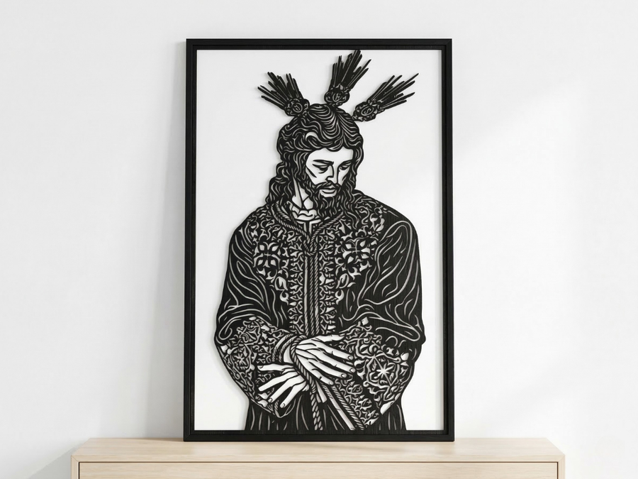 Arte Decorativo de Pared Religioso para Corte Láser – Jesucristo #5 | Flow-Line Art con Marco Negro | Archivos SVG AI DXF DWG PNG JPG