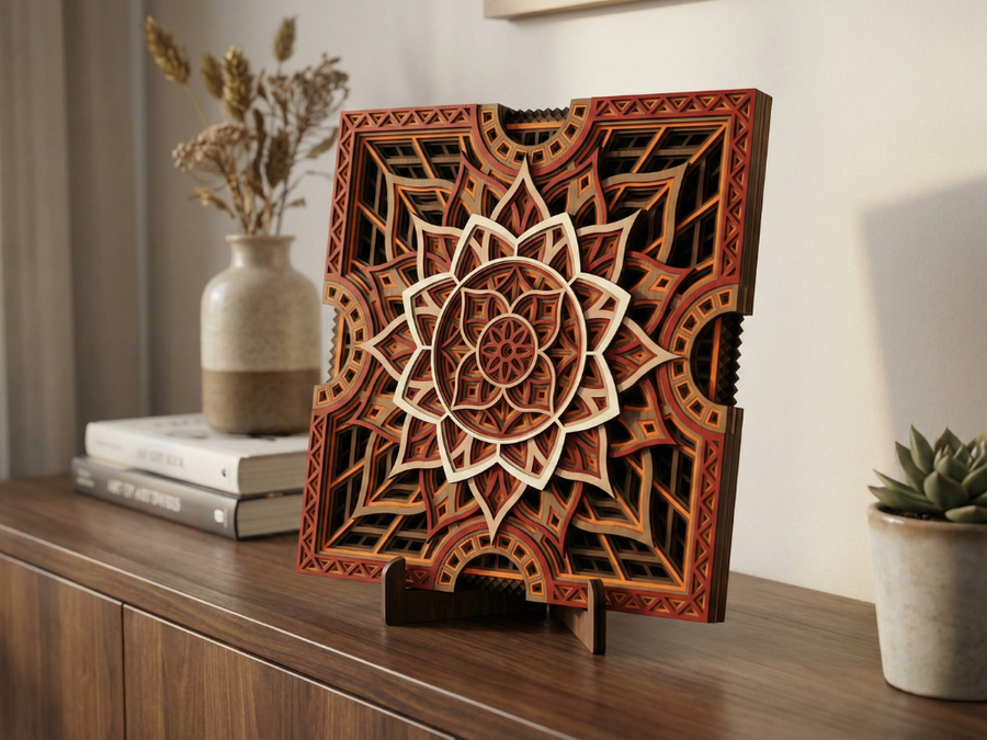 Mandala Multicapa Cortado con Láser #37 para pared – Diseño de Mandala de 8 Capas | Decoración de pared 3D | Decoración de Mesa 3D | Archivos AI SVG DXF DWG AI