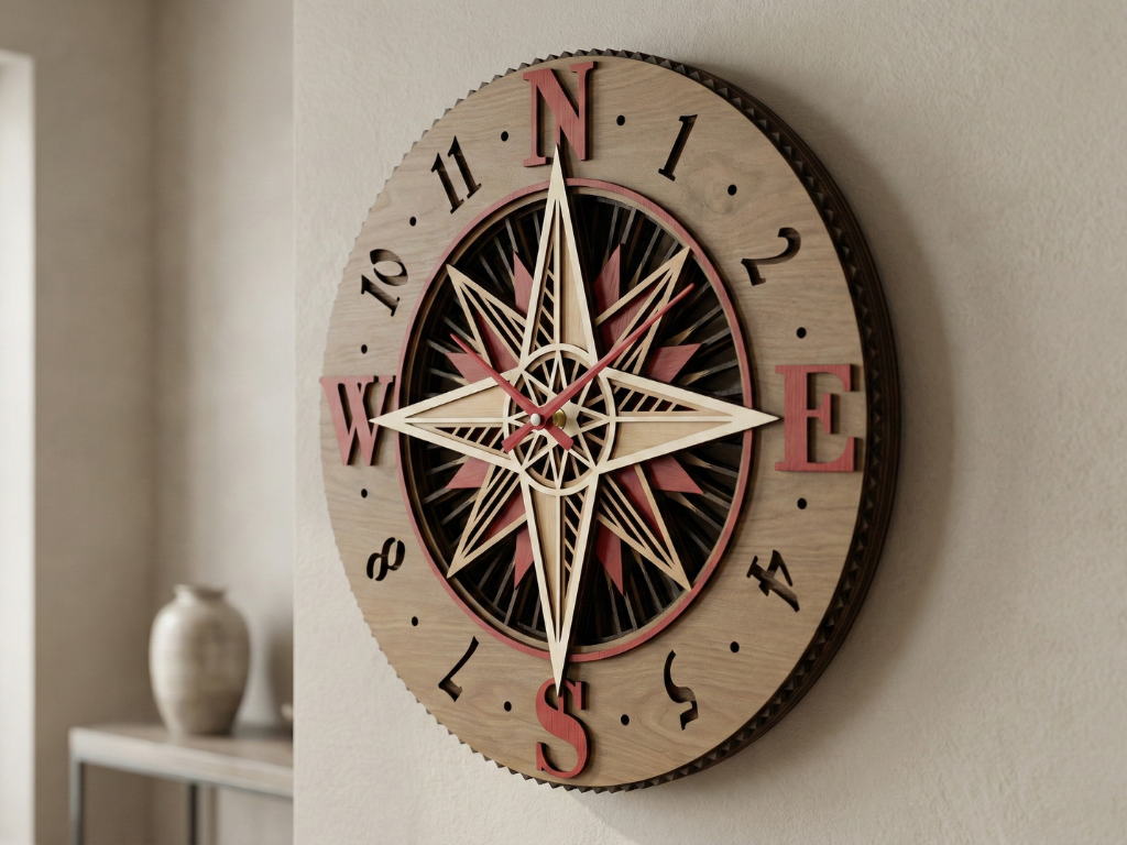 Reloj de pared multicapa de brújula cortado con láser #8 – Diseño de reloj ornamental de 5 capas | Decoración de pared 3D | Archivos AI SVG DXF DWG