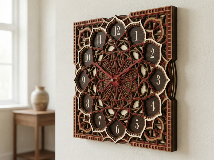 Reloj Mandala Multicapa Cortado con Láser #2 Arte de Pared – Diseño de Reloj Ornamental de 8 Capas | Decoración de Pared 3D | Archivos AI SVG DXF DWG