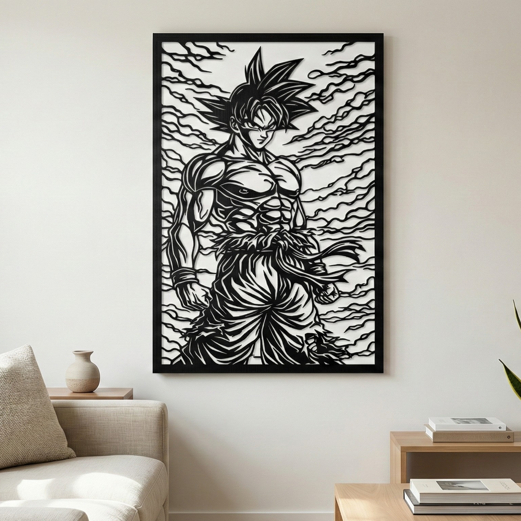Arte Decorativo de Pared Anime para Corte Láser – Goku | Flow-Line Art con Marco Negro | Archivos SVG AI DXF DWG