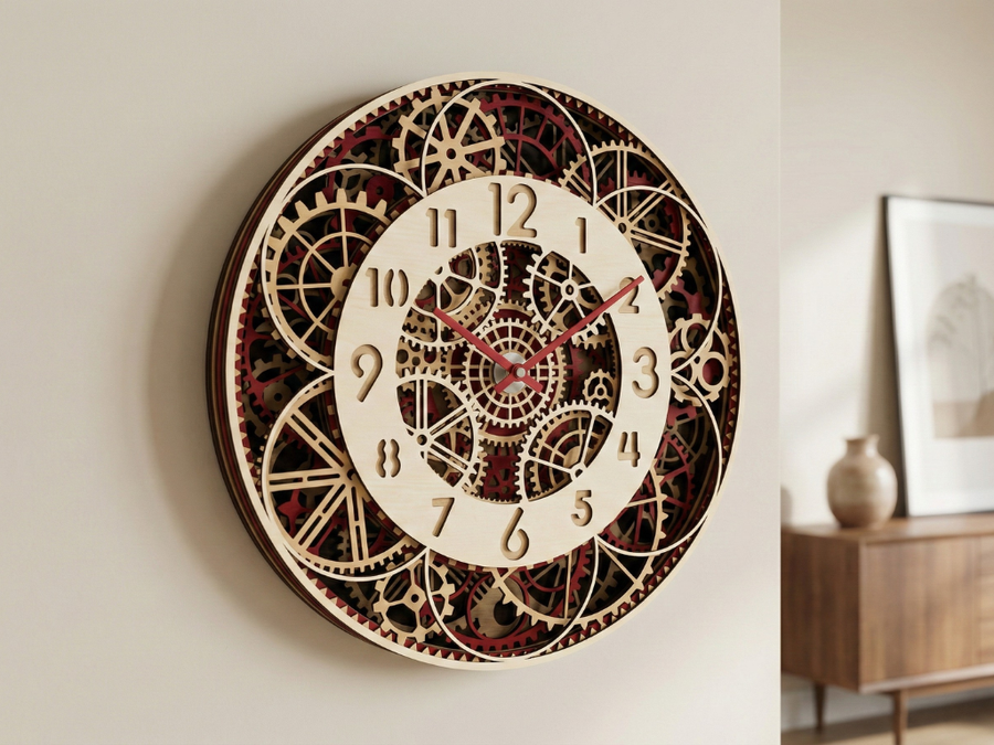 Reloj de pared multicapa con engranajes cortados con láser #10 – Diseño ornamental de 5 capas | Decoración de pared 3D | Archivos AI SVG DXF DWG