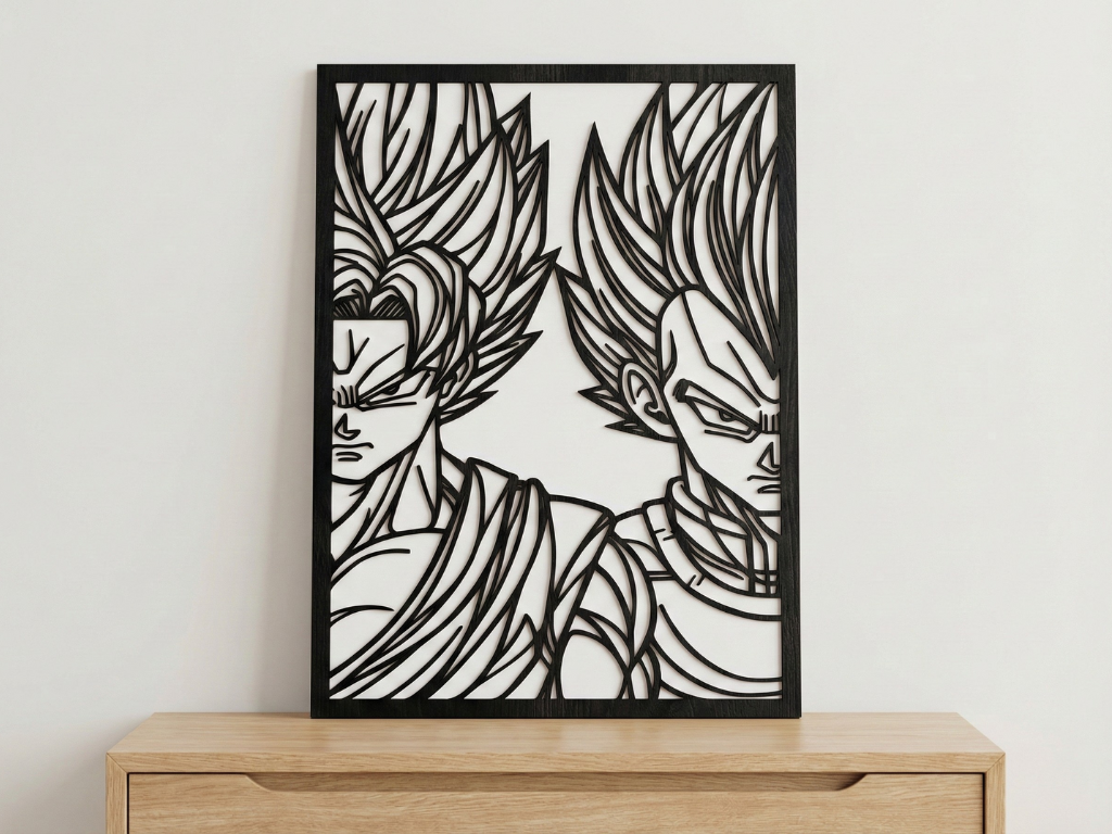 Arte Decorativo de Pared Anime para Corte Láser – Goku y Vegeta | Flow-Line Art con Marco Negro | Archivos SVG AI DXF dwg