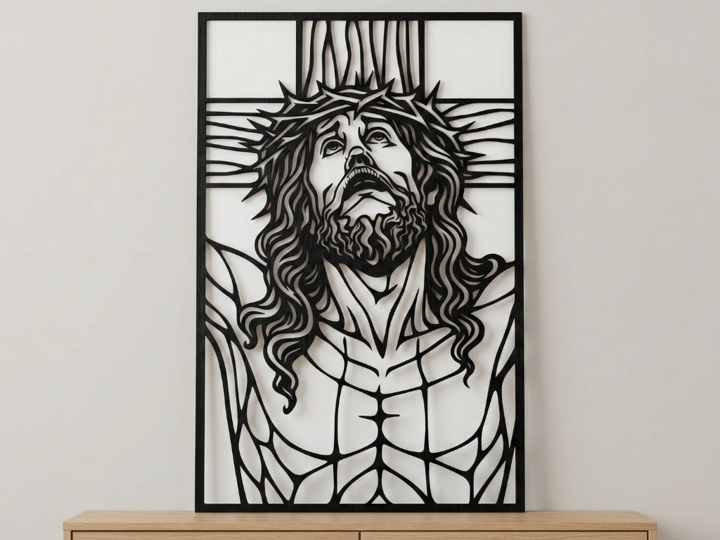 Arte Decorativo de Pared Religioso para Corte Láser – Cristo Crucificado #2 | Flow-Line Art con Marco Negro | Archivos SVG AI DXF DWG PNG JPG