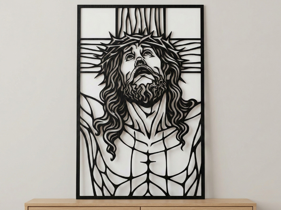 Arte Decorativo de Pared Religioso para Corte Láser – Cristo Crucificado #2 | Flow-Line Art con Marco Negro | Archivos SVG AI DXF DWG PNG JPG