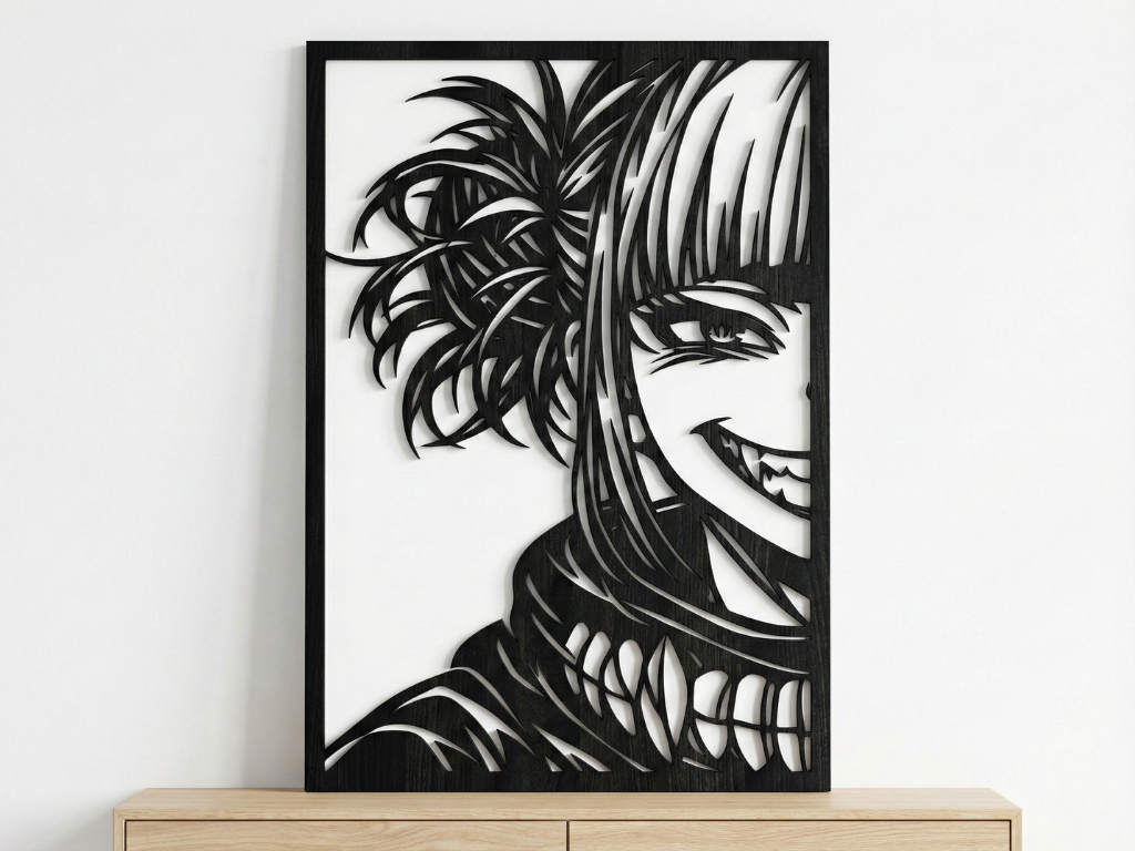 Arte Decorativo de Pared Anime para Corte Láser – Himiko Toga | Flow-Line Art con Marco Negro | Archivos SVG AI DXF dwg