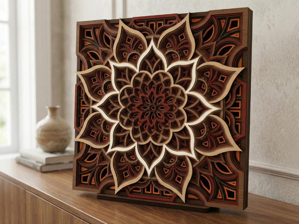 Mandala Multicapa Cortado con Láser #42 para pared – Diseño de Mandala de 9 Capas | Decoración de pared 3D | Decoración de Mesa 3D | Archivos AI SVG DXF DWG AI