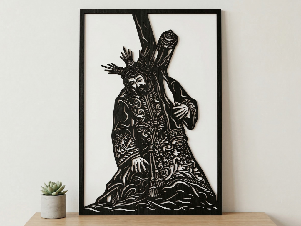Arte Decorativo de Pared Religioso para Corte Láser – Cristo con la Cruz | Flow-Line Art con Marco Negro | Archivos SVG AI DXF DWG PNG JPG
