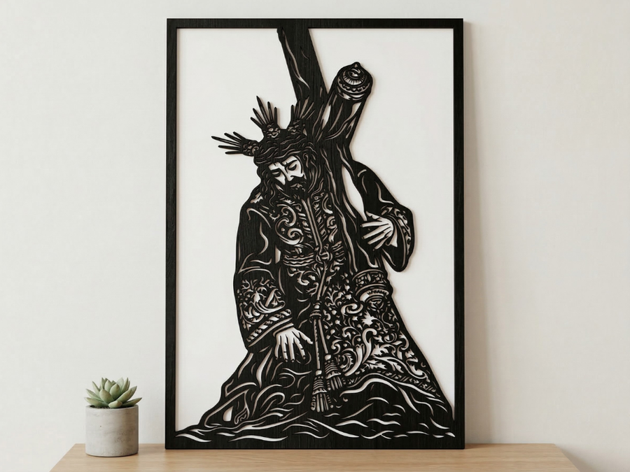 Arte Decorativo de Pared Religioso para Corte Láser – Cristo con la Cruz | Flow-Line Art con Marco Negro | Archivos SVG AI DXF DWG PNG JPG