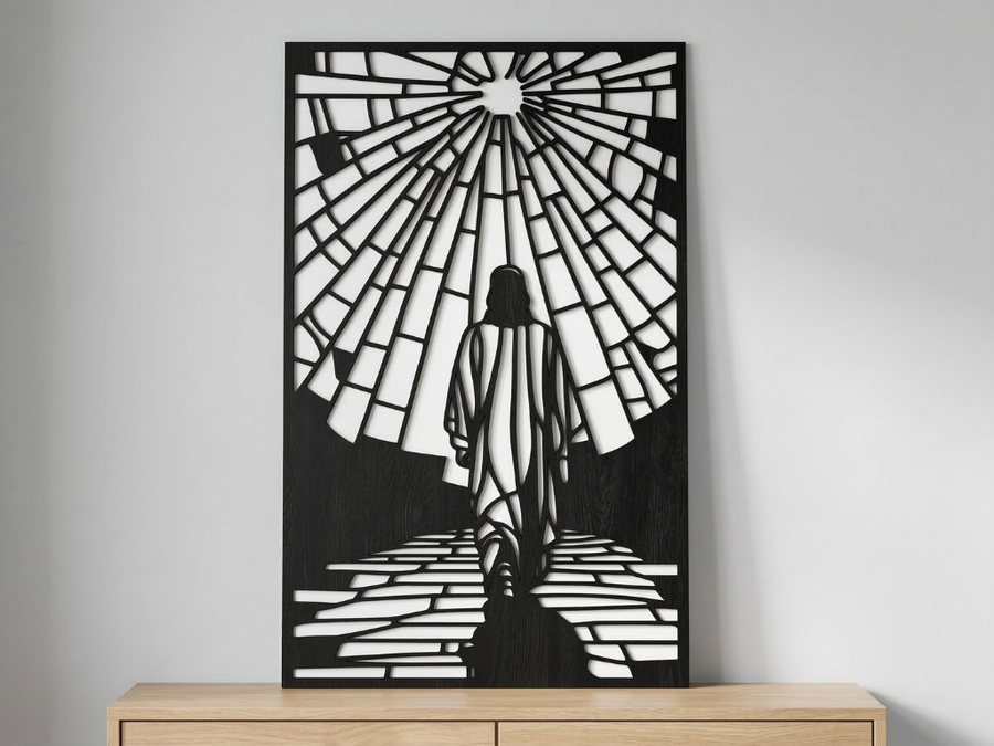 Arte Decorativo de Pared Religioso para Corte Láser – Jesucristo #4 | Flow-Line Art con Marco Negro | Archivos SVG AI DXF DWG PNG JPG
