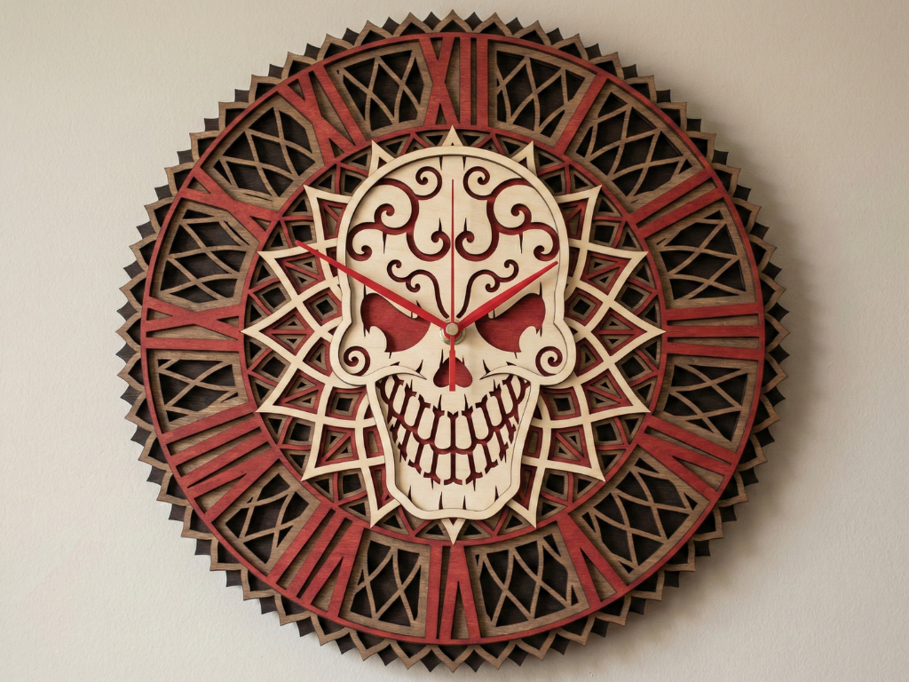 Reloj de calavera multicapa cortado con láser #9 Arte de pared - Diseño de reloj ornamental de 5 capas | Decoración de pared 3D | Archivos AI SVG DXF DWG