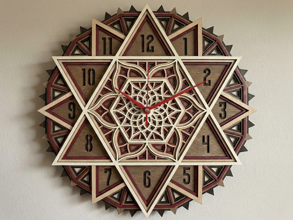Reloj de pared Mandala Estrella Multicapa Cortado con Láser #7 – Diseño de Reloj Ornamental de 5 Capas | Decoración de Pared 3D | Archivos AI SVG DXF DWG