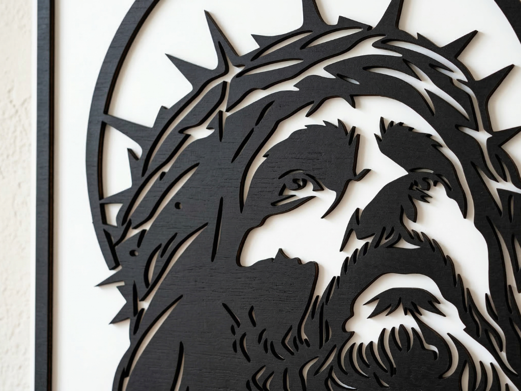 Arte Decorativo de Pared Religioso para Corte Láser – Jesucristo #3 | Flow-Line Art con Marco Negro | Archivos SVG AI DXF DWG PNG JPG