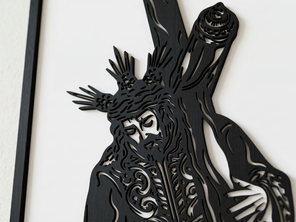 Arte Decorativo de Pared Religioso para Corte Láser – Cristo con la Cruz | Flow-Line Art con Marco Negro | Archivos SVG AI DXF DWG PNG JPG