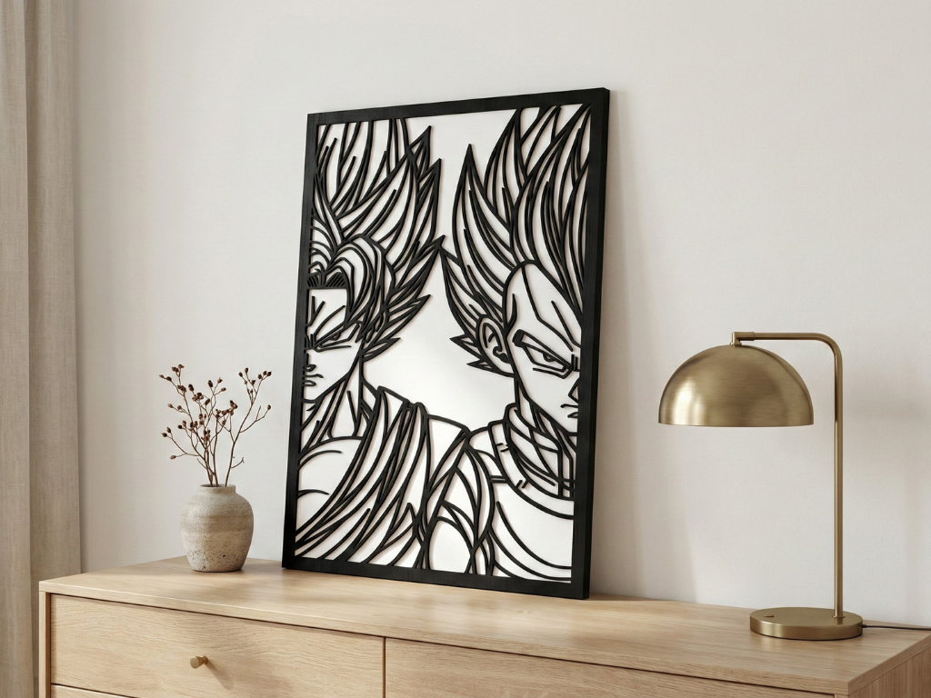 Arte Decorativo de Pared Anime para Corte Láser – Goku y Vegeta | Flow-Line Art con Marco Negro | Archivos SVG AI DXF dwg