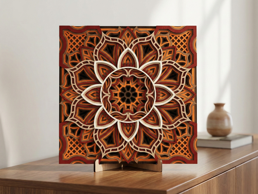 Mandala Multicapa Cortado con Láser #41 para pared – Diseño de Mandala de 8 Capas | Decoración de pared 3D | Decoración de Mesa 3D | Archivos AI SVG DXF DWG AI