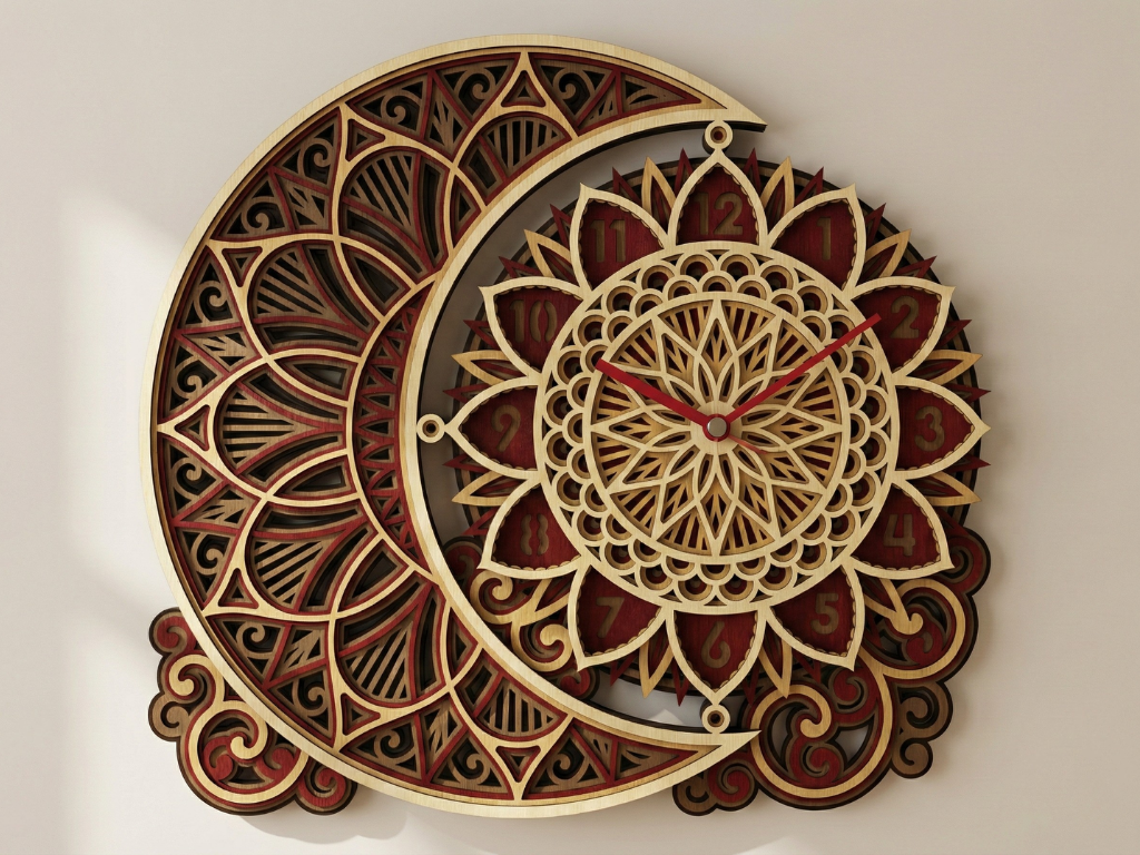 Reloj de pared Mandala Luna Sol Multicapa Cortado con Láser #5 – Diseño de reloj ornamental de 5 capas | Decoración de pared 3D | Archivos AI SVG DXF DWG