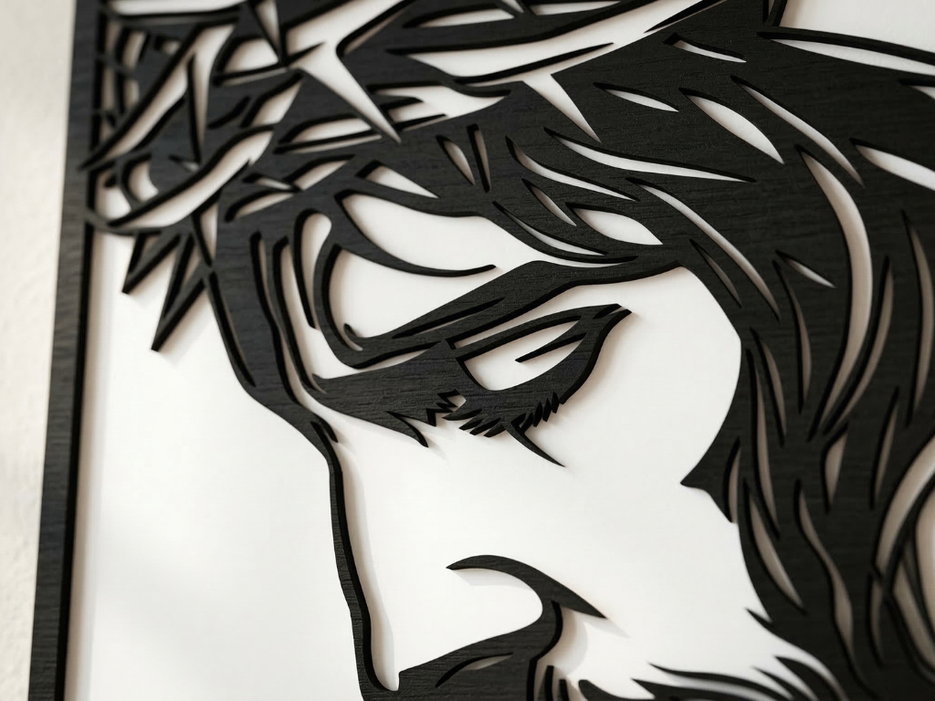 Arte Decorativo de Pared Religioso para Corte Láser – Jesucristo #2 | Flow-Line Art con Marco Negro | Archivos SVG AI DXF DWG PNG JPG