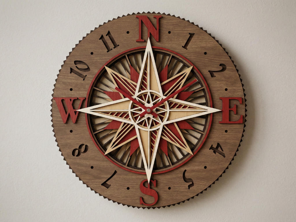 Reloj de pared multicapa de brújula cortado con láser #8 – Diseño de reloj ornamental de 5 capas | Decoración de pared 3D | Archivos AI SVG DXF DWG