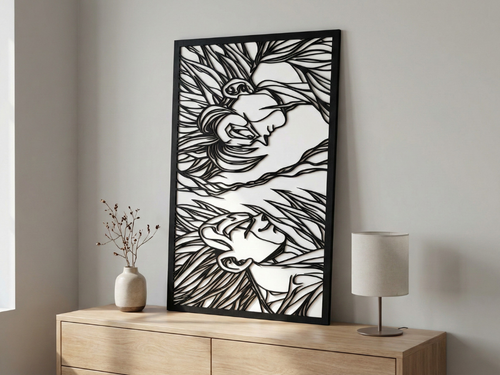 Arte Decorativo de Pared Anime para Corte Láser – Goku vs Majin Vegeta | Flow-Line Art con Marco Negro | Archivos SVG AI DXF dwg