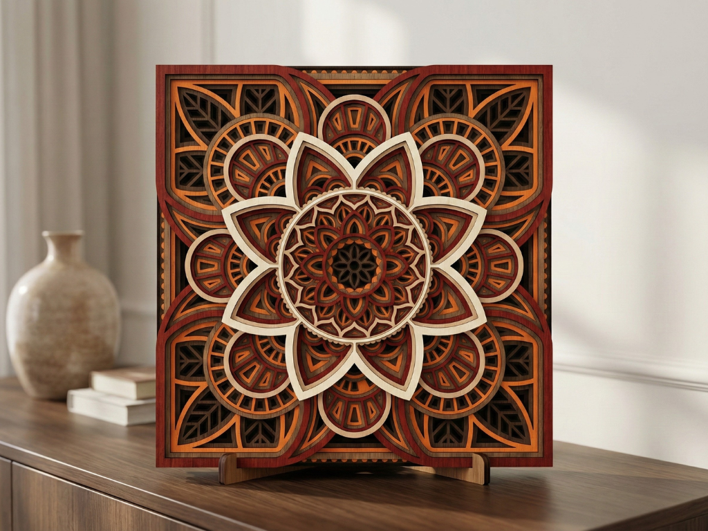 Mandala Multicapa Cortado con Láser #43 para pared – Diseño de Mandala de 8 Capas | Decoración de pared 3D | Decoración de Mesa 3D | Archivos AI SVG DXF DWG AI