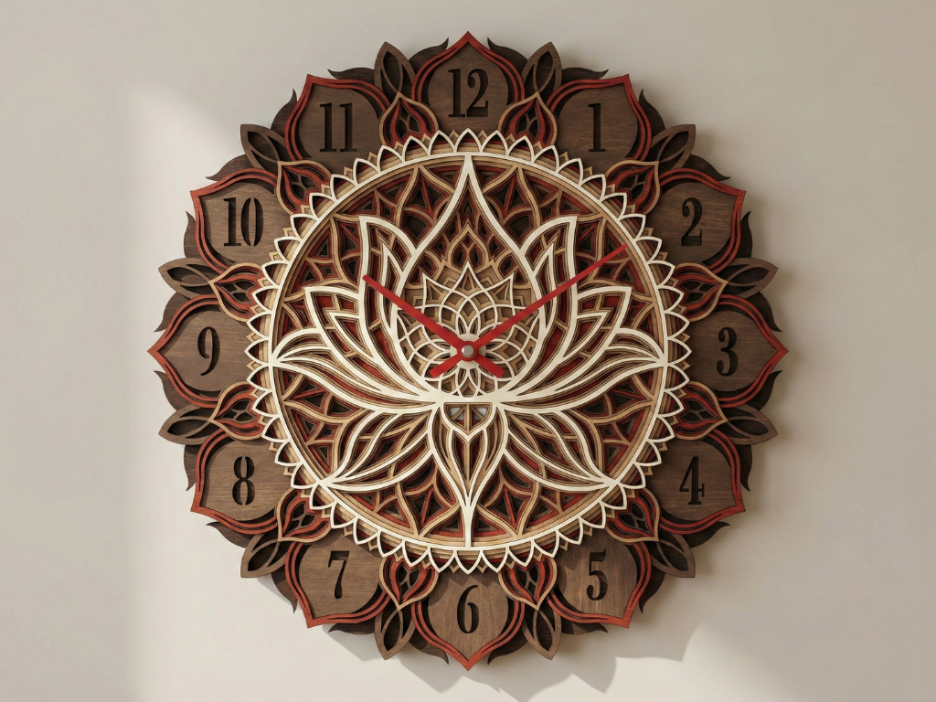 Reloj de pared Mandala Loto Multicapa Cortado con Láser #11 – Diseño de Reloj Ornamental de 6 Capas | Decoración de Pared 3D | Archivos AI SVG DXF DWG