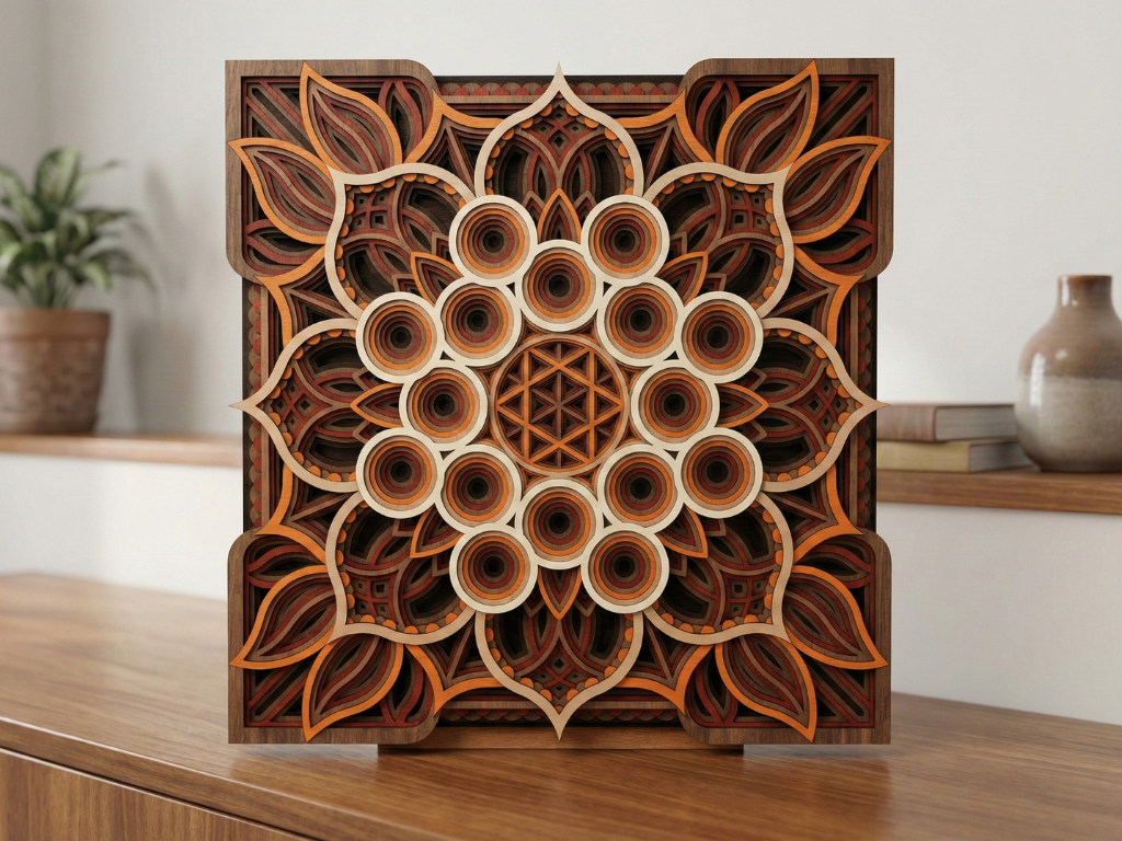 Mandala Multicapa Cortado con Láser #36 para pared – Diseño de Mandala de 8 Capas | Decoración de pared 3D | Decoración de Mesa 3D | Archivos AI SVG DXF DWG AI