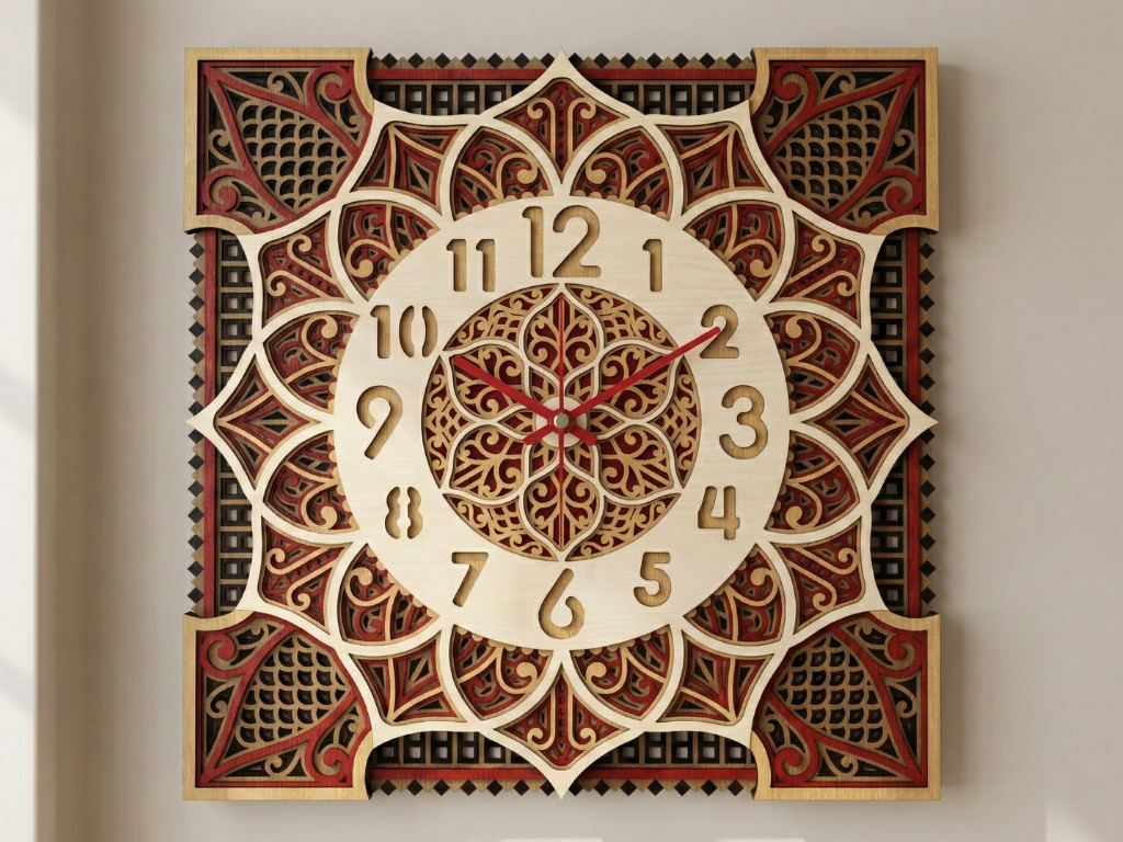 Reloj Mandala Multicapa Cortado con Láser #3 Arte de Pared – Diseño de Reloj Ornamental de 5 Capas | Decoración de Pared 3D | Archivos AI SVG DXF DWG