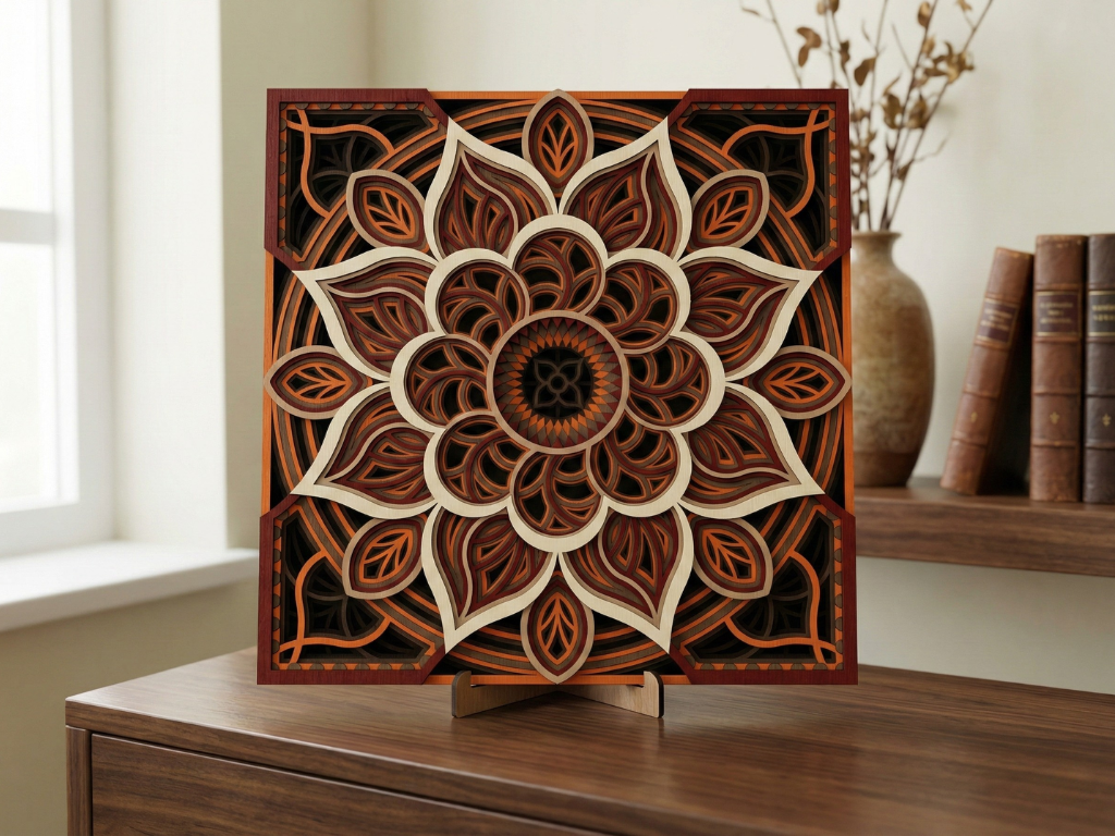 Mandala Multicapa Cortado con Láser #44 para pared – Diseño de Mandala de 8 Capas | Decoración de pared 3D | Decoración de Mesa 3D | Archivos AI SVG DXF DWG AI