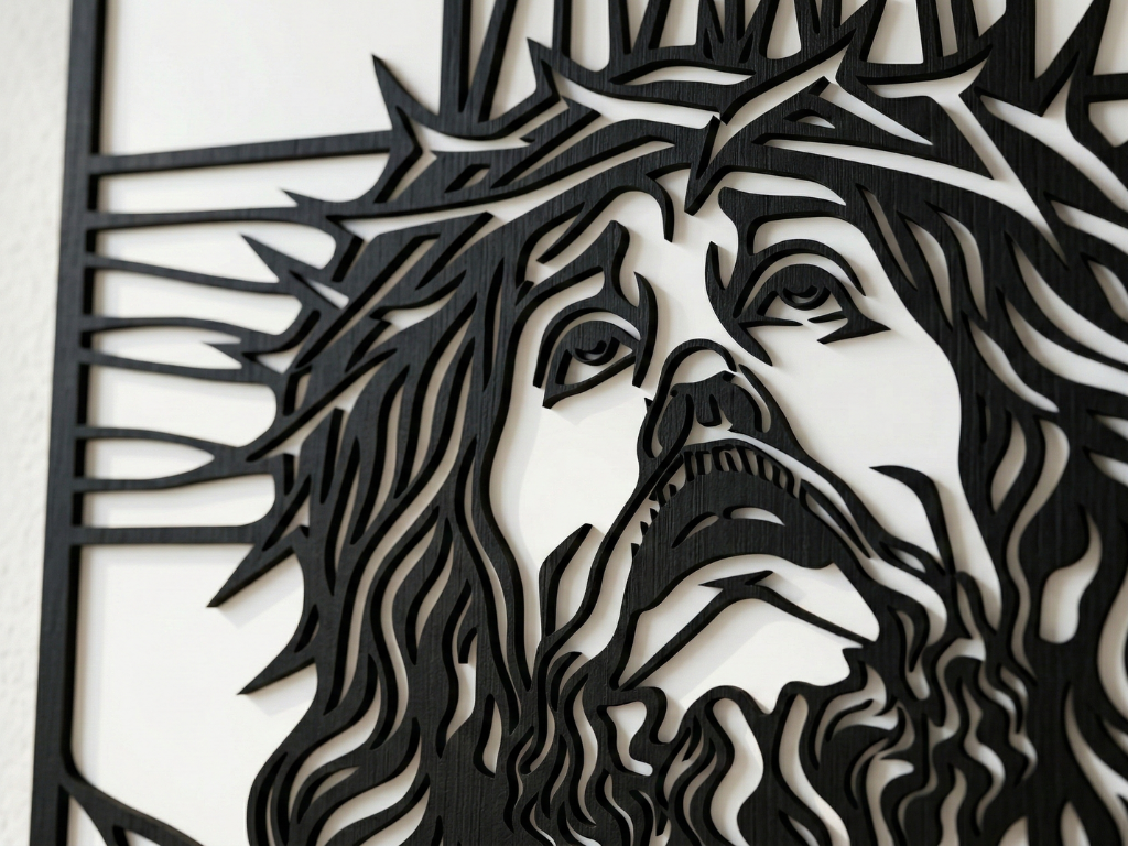 Arte Decorativo de Pared Religioso para Corte Láser – Cristo Crucificado #2 | Flow-Line Art con Marco Negro | Archivos SVG AI DXF DWG PNG JPG