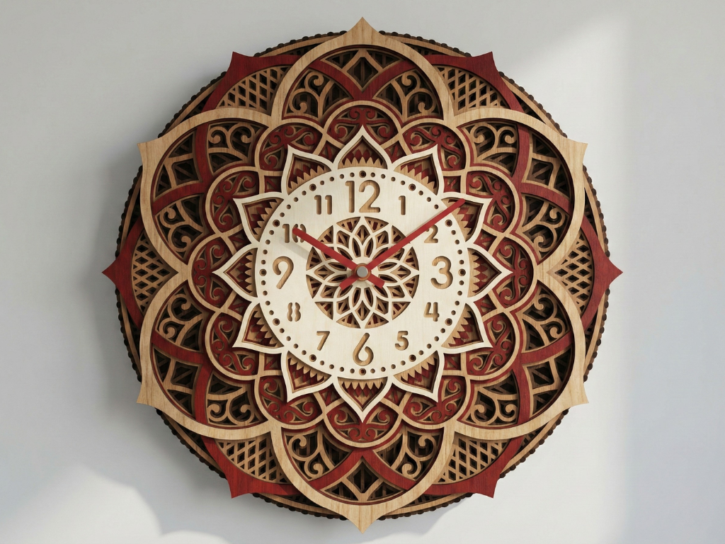 Reloj Mandala Multicapa Cortado con Láser #6 Arte de Pared – Diseño de Reloj Ornamental de 6 Capas | Decoración de Pared 3D | Archivos AI SVG DXF DWG