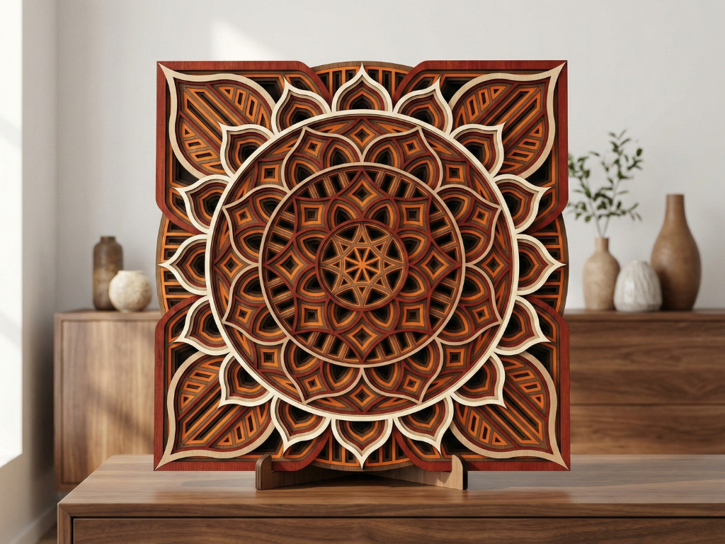 Mandala Multicapa Cortado con Láser #38 para pared – Diseño de Mandala de 8 Capas | Decoración de pared 3D | Decoración de Mesa 3D | Archivos AI SVG DXF DWG AI