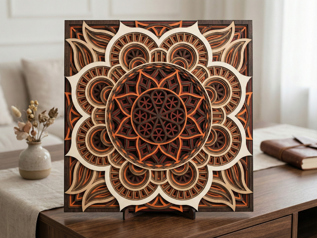 Mandala Multicapa Cortado con Láser #35 para pared – Diseño de Mandala de 8 Capas | Decoración de pared 3D | Decoración de Mesa 3D | Archivos AI SVG DXF DWG AI
