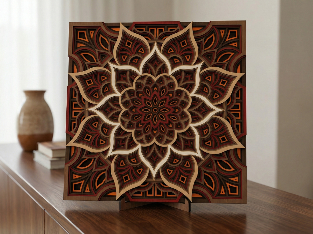 Mandala Multicapa Cortado con Láser #42 para pared – Diseño de Mandala de 9 Capas | Decoración de pared 3D | Decoración de Mesa 3D | Archivos AI SVG DXF DWG AI