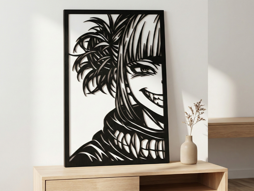 Arte Decorativo de Pared Anime para Corte Láser – Himiko Toga | Flow-Line Art con Marco Negro | Archivos SVG AI DXF dwg